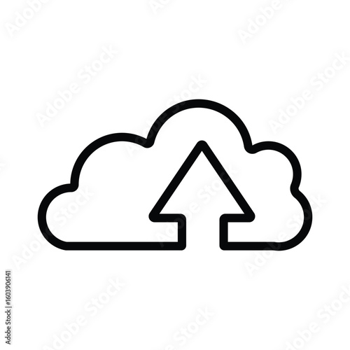 Black outline of a cloud with an upward arrow representing a cloud upload icon against a white background