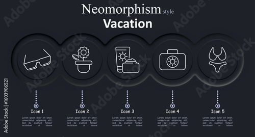 Vacation set icon. Sunglasses, potted flower, sunscreen with bag, camera, swimsuit represent sun protection, nature, skin care, photography, and beachwear for summer holiday