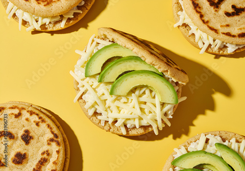 Top-down view of arepas topped with cheese and avocado