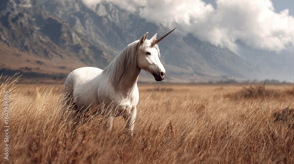 Obraz premium Majestic white unicorn standing in dry grass field with mountains and clouds in background