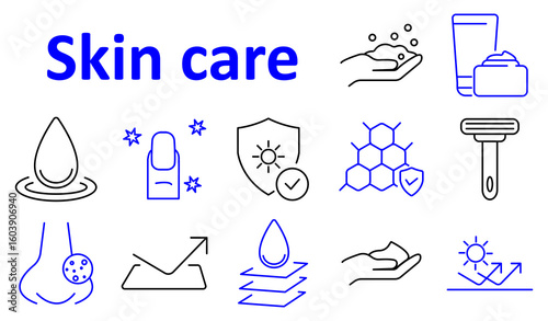 Skin care set icon. Icons of skincare products and procedures including droplet, cream, handwash, nail, shield, honeycomb, razor, sunscreen, hydration, and face detail