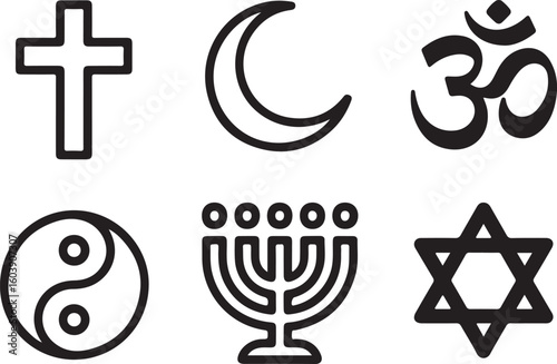 Religious Symbols Outline Icon Set – Cross, Crescent, Om, Yin Yang, Menorah, Star of David, and Sacred Icons