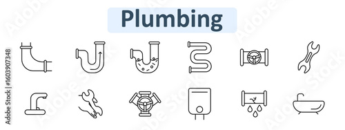 Plumbing set icon. Elbow pipe, trap bend, clogged drain, heater coil, valve, wrench, faucet, repair, hot water unit, leakage, bathtub in simple outline style