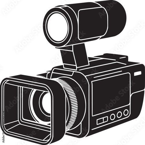 A black and white illustration of a professional video camera with a lens and viewfinder shown