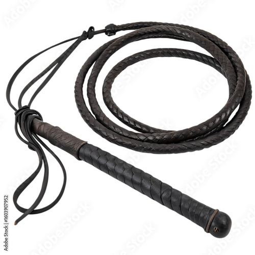 Black Leather Riding Whip CloseUp View on transparent background