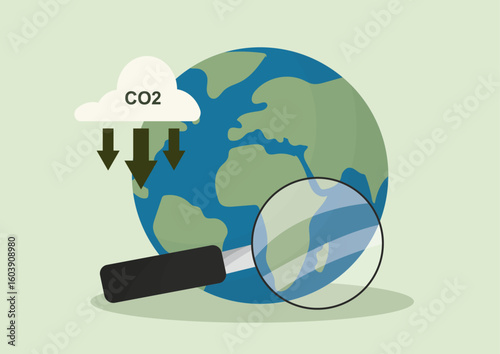 Earth globe with CO2 emissions cloud and magnifying glass analysis, representing global climate change research and environmental impact study. Carbon footprint concept. Flat style.Vector illustration