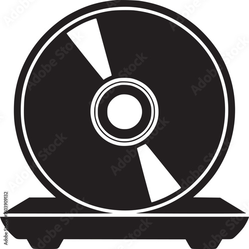 A black and white graphic of a cd on a cd player with a white background in a simple design style