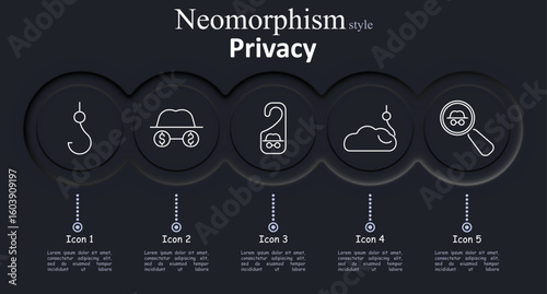 Privacy set icon. Fishing hook, spy hat with glasses and money, do not disturb hanger, secure cloud, magnifier with spy symbol in dark UI style