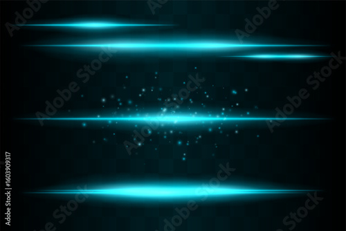Shining set. Bright glowing beams combined with floating light particles. Central cluster highlights energy dispersion and soft motion on transparent background.
