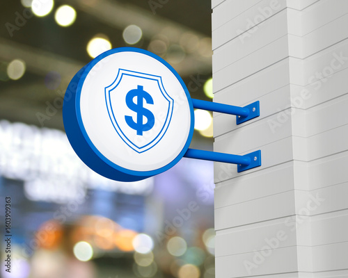 Business money insurance and protection concept, 3D renderDollar with shield icon on hanging blue rounded signboard over blur light and shadow of shopping mall, Business money insurance and protecting
