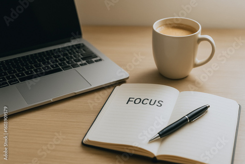 Laptop, notebook with focus text, pen, and coffee cup on a wooden desk