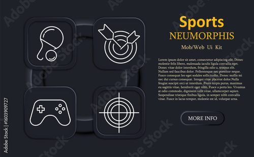 Sports set icon. Table tennis paddle, target with arrows, game controller, aim scope in neumorphic outline style for gaming, recreation, aiming UI