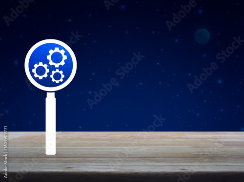 Seo flat icon on wooden table over fantasy night sky and moon, Search engine optimization concept