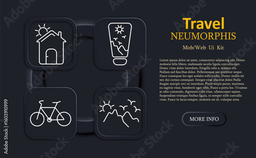Travel set icon. House with sun, framed mountain view, bicycle, mountains with birds in neumorphic outline style for vacation, nature, outdoor trip UI