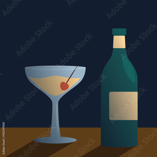 A cocktail glass with a cherry garnish and a liquor bottle stand on a wooden table in dim lighting.