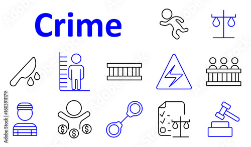 Crime set icon. Line visuals depict knife, body, jail, suspect, theft, electric warning, handcuffs, prisoner, gavel, and evidence forms emphasizing illegal actions and law violation