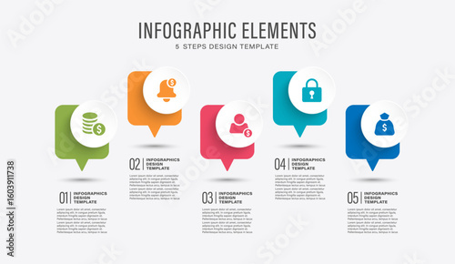 Speech bubble vector business and marketing infographic template with five steps or options for presentation slides