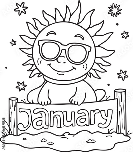 January Sun Coloring Page – Cute Cartoon Sun with Sunglasses & Snowy Scene for Kids’ Educational Printables, Seasonal Activities & Creative Art Projects