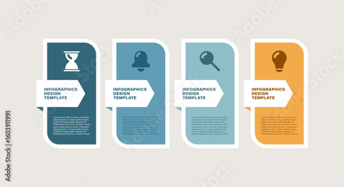 Modern infographic design. Four steps, options or processes with business icons and text.