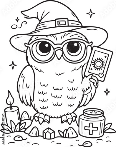 Magical Owl Wizard Coloring Page for Kids - Fun Printable Activity Featuring Spellbook, Candle, Stars & Fantasy Elements for Creative Learning