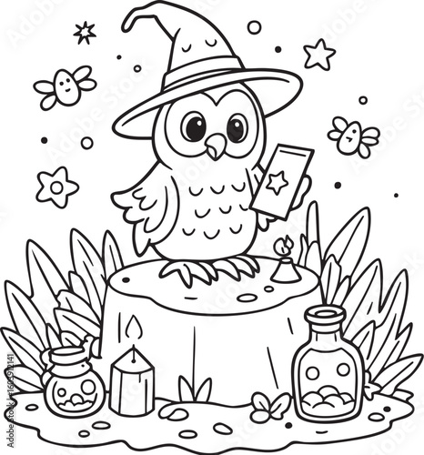 Magical Owl Wizard Coloring Page for Kids - Fun Printable Activity Featuring Spellbook, Candle, Stars & Fantasy Elements for Creative Learning