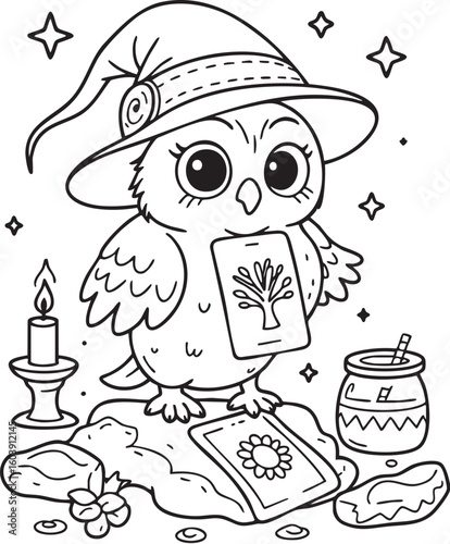 Magical Owl Wizard Coloring Page for Kids - Fun Printable Activity Featuring Spellbook, Candle, Stars & Fantasy Elements for Creative Learning