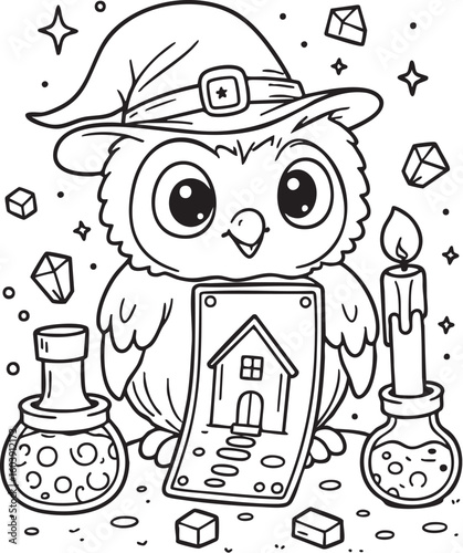 Magical Owl Wizard Coloring Page for Kids - Fun Printable Activity Featuring Spellbook, Candle, Stars & Fantasy Elements for Creative Learning