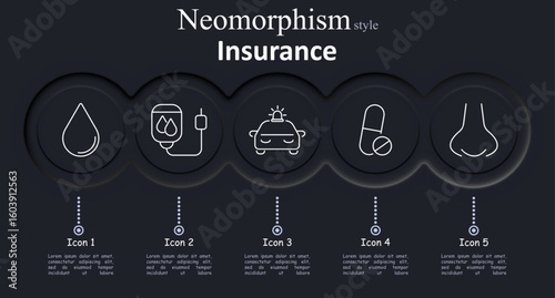 Insurance set icon. Water droplet, blood bag, emergency car, pill and tablet, human nose outlined in white stroke inside circular neomorphic interface design