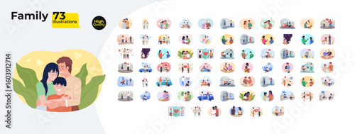 Heartwarming family moments and relationship cartoon flat illustrations mega bundle. Parenting, care, bonding, diversity, communication 2D images isolated on white. Collection vector drawings colorful