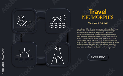 Travel set icon. Sun over arrows, swimmer in water, sunrise, road to sun shown with simple white linear design on dark neumorphic square backgrounds