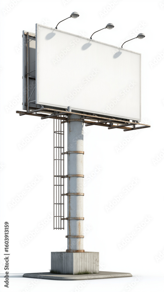 Obraz premium Realistic 3D render of blank roadside billboard with metal structure and concrete base, featuring three overhead lights. billboard is isolated on white background