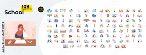 Back to school cartoon flat illustrations mega bundle. Exam, prom. Online learning, multicultural students, multilingual education 2D images isolated on white. Collection vector drawings colorful