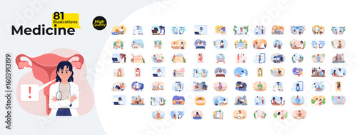 Women health and general medicine cartoon flat illustrations mega bundle. Gynecology, telemedicine, diagnostics, prescription, symptoms 2D images isolated on white. Collection vector drawings