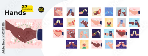 Multicultural hands and moments cartoon flat illustrations mega bundle. Expressive gestures cards in cozy, medical, celebratory 2D images isolated on white. Collection vector drawings colorful
