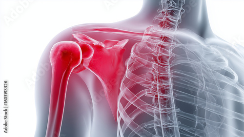 Anatomical illustration of shoulder bursitis highlighting inflammation in joint area, showing skeletal structure and affected region in red, emphasizing pain and discomfort