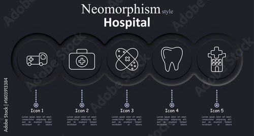Hospital set icon. Ambulance vehicle, medical kit, adhesive bandages, tooth outline, medical building with cross and windows drawn in minimalist white line style on dark circles