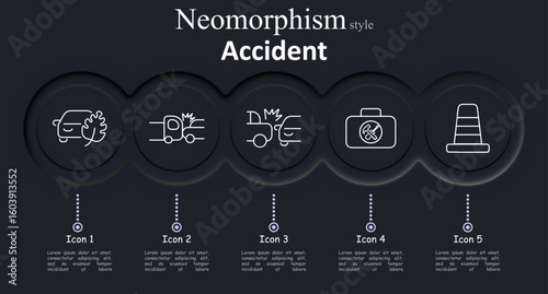 Accident and emergency set icon. Car with tree, vehicle collision, car crash, first aid case, traffic cone