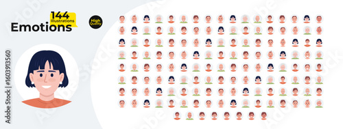 Diverse facial emotions avatars cartoon flat illustrations mega bundle. People moods. Happiness, sadness, anger, fear, surprise 2D images isolated on white. Collection vector drawings colorful