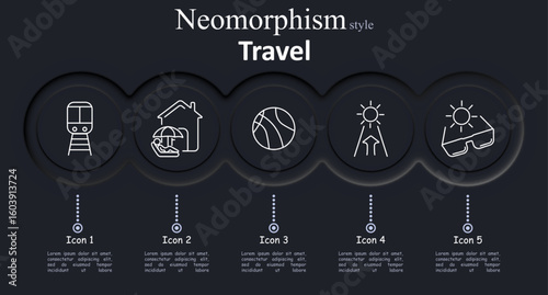 Travel set icon. Train front, house with person under umbrella, basketball, compass, sunglasses under sun reflect transportation, leisure stay, exploration, and outdoor sightseeing