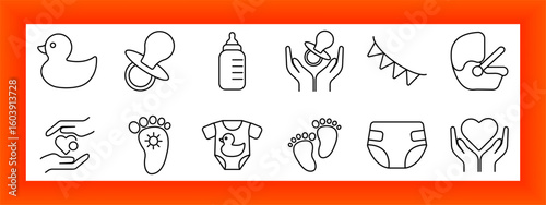 Baby and childcare set icon. Rubber duck, pacifier, milk bottle, hands with pacifier, bunting, stroller, baby feet, bodysuit, diaper, hands with heart.