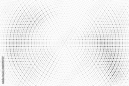 Radial halftone dots. Spotted and dotted stains gradient background. Concentric comic texture with fading effect. Black and white rough gritty wallpaper. Grunge monochrome geometric backdrop. Vector