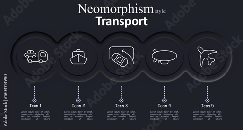 Transport set icon. Car towing trailer, front view ship, top-down road map, blimp silhouette, airplane flying in minimal neomorphism design