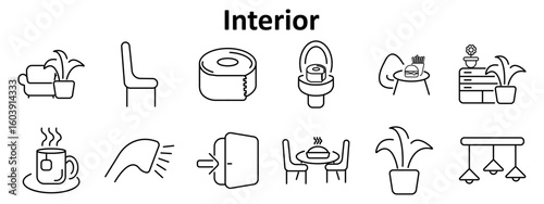 Interior set icon. Includes sofa with plant, chair, toilet paper, toilet bowl, coffee table with food, cabinet with flowerpot, tea mug, spotlight, wall switch, dining table, hanging lights.