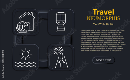 Travel set icon. Person sunbathing at house, train front view, ocean sunrise, road to palm tree in neumorphic outline style for holiday, transit, destination UI