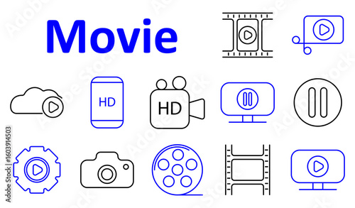 Movie set icon. Play buttons, filmstrips, pause icons, cameras, HD screens, cloud storage, and media controls represent cinema, streaming, and digital video concepts