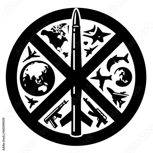 Black and white anti war symbol with earth globe missile fighter jets and assault rifles in a circle