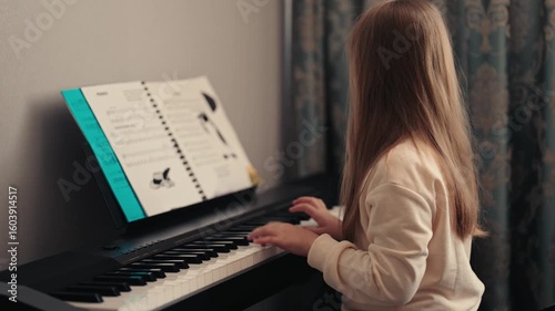 A young girl sits at her piano, practicing her music. She's focused and determined as she reads the sheet music and plays the keys.
