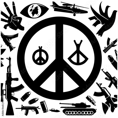 Peace symbol surrounded by weapons and symbols of conflict in a black and white illustration