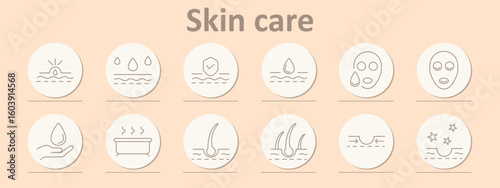 Skin care set icon. Hydration layers, droplets, shield, mask, pores, hand, steam, hair follicle, stars, protection shown with clean symbols on soft background