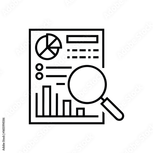 A digital icon of a magnifying glass on a document symbolizes a web search project business and financial document silhouette vector icon illustration line art on white background